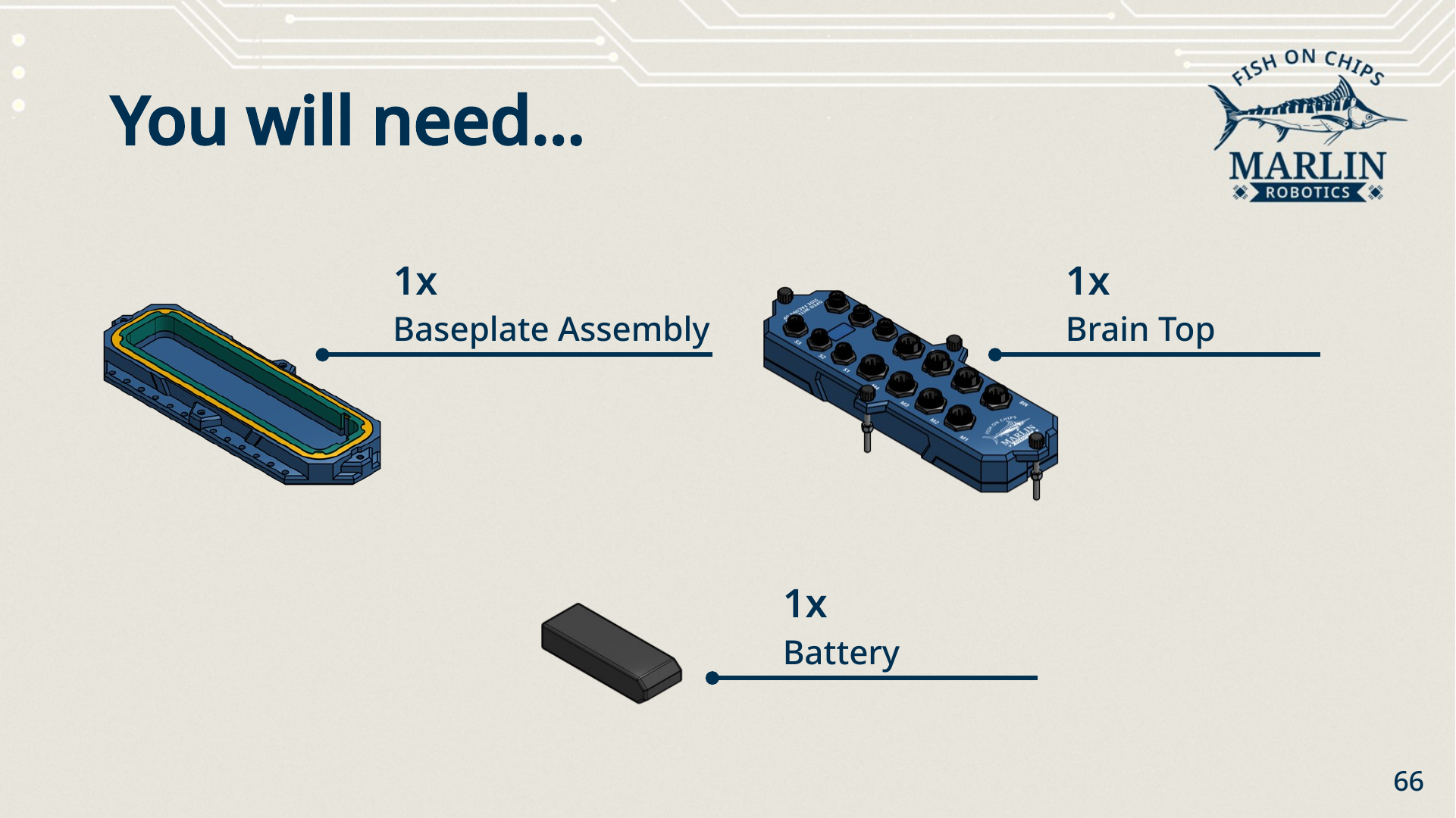Parts for the Robot Brain: the baseplate assembly with its gasket, the brain top with the ports and thumbscrews, and one battery.