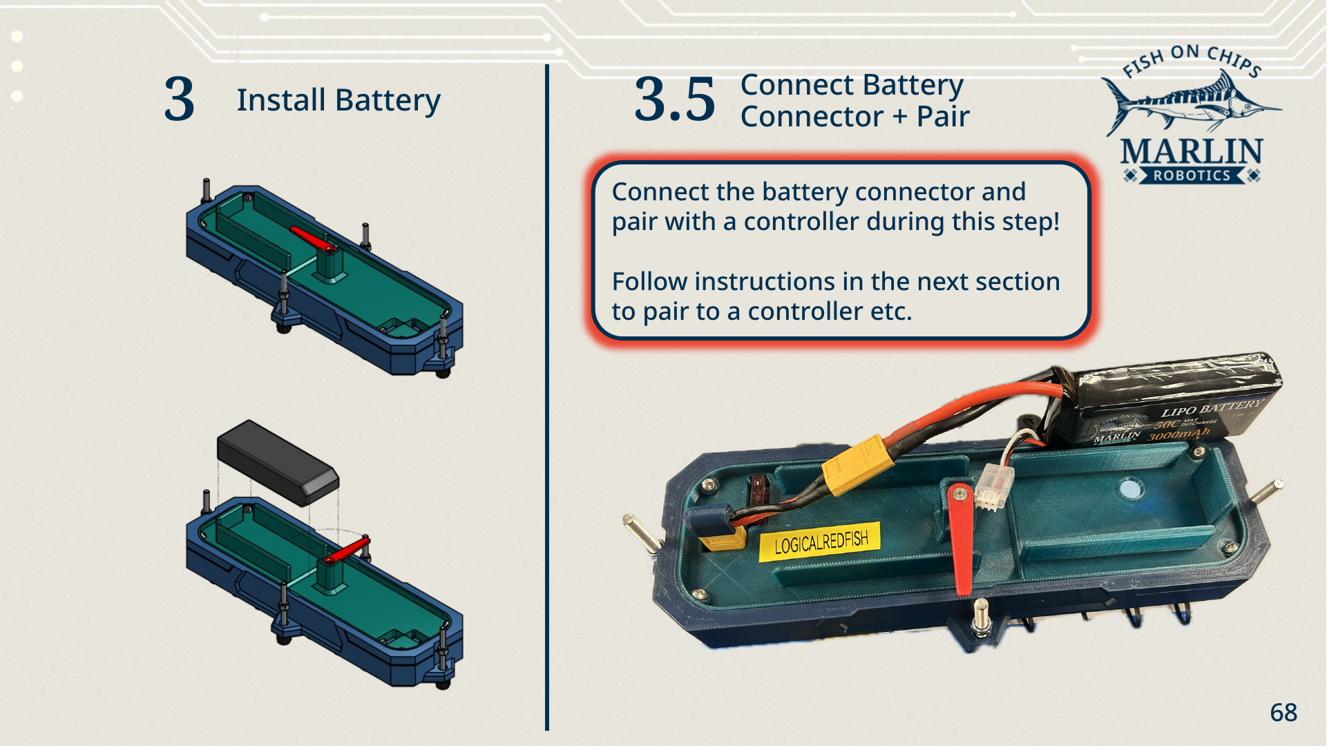 Steps three and three-point-five: the battery lowered into the baseplate tray, and a photo of a real baseplate with the battery connector plugged in, with a callout to connect the battery and pair with a controller during this step.